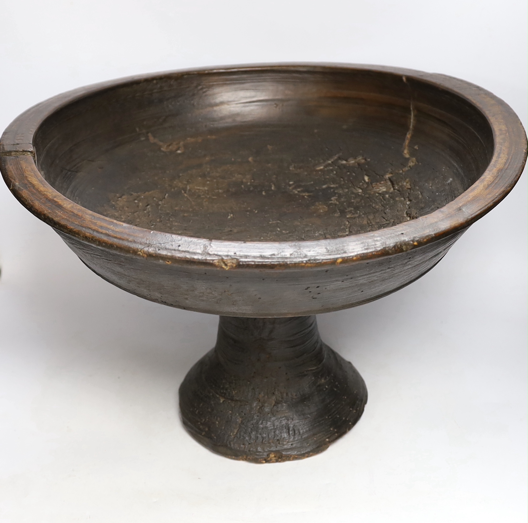 A 19th century turned wooden, possibly French, provincial pedestal bowl, 47cm diameter